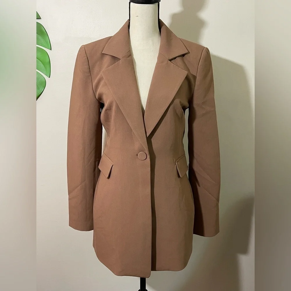 Bardot Camel Tan Single-Button Long Blazer